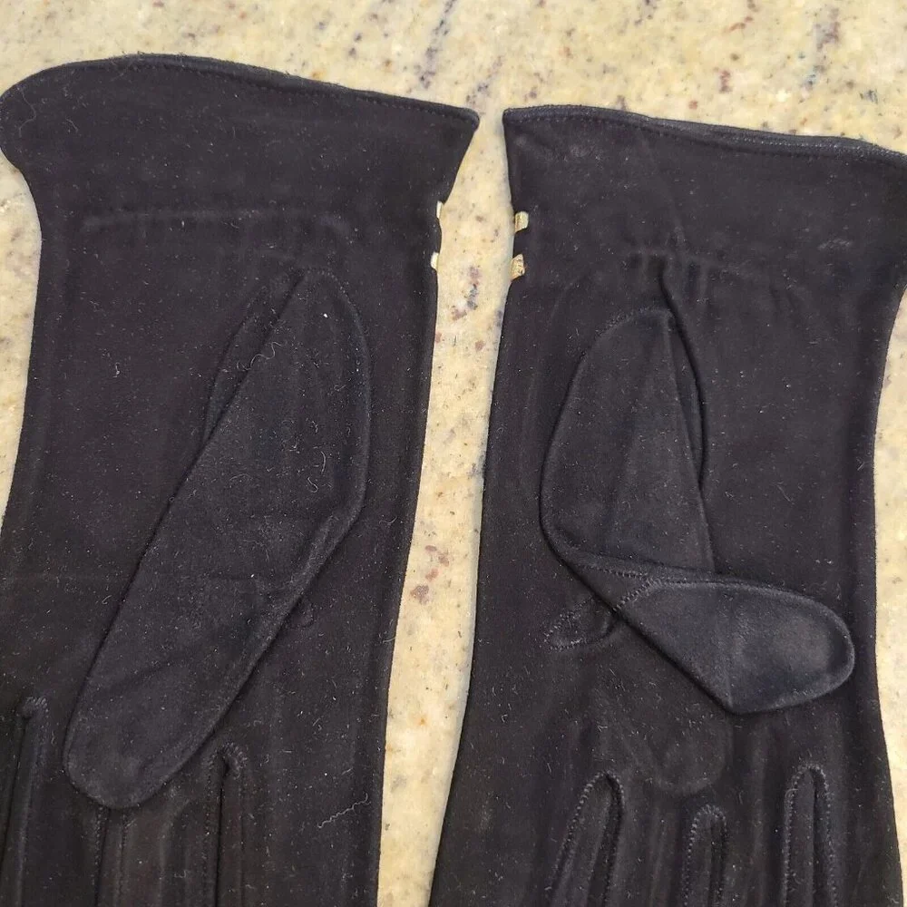 Vtg Women Sz S 6.5 Suede Black Gold Embroidered Geometric Formal Gloves 8.5